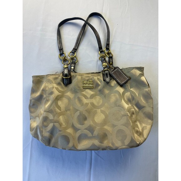 Coach Handbags - Coach‎ Mia Op Art Signature Sateen Tote Shoulder Bag Gold Tan Womens